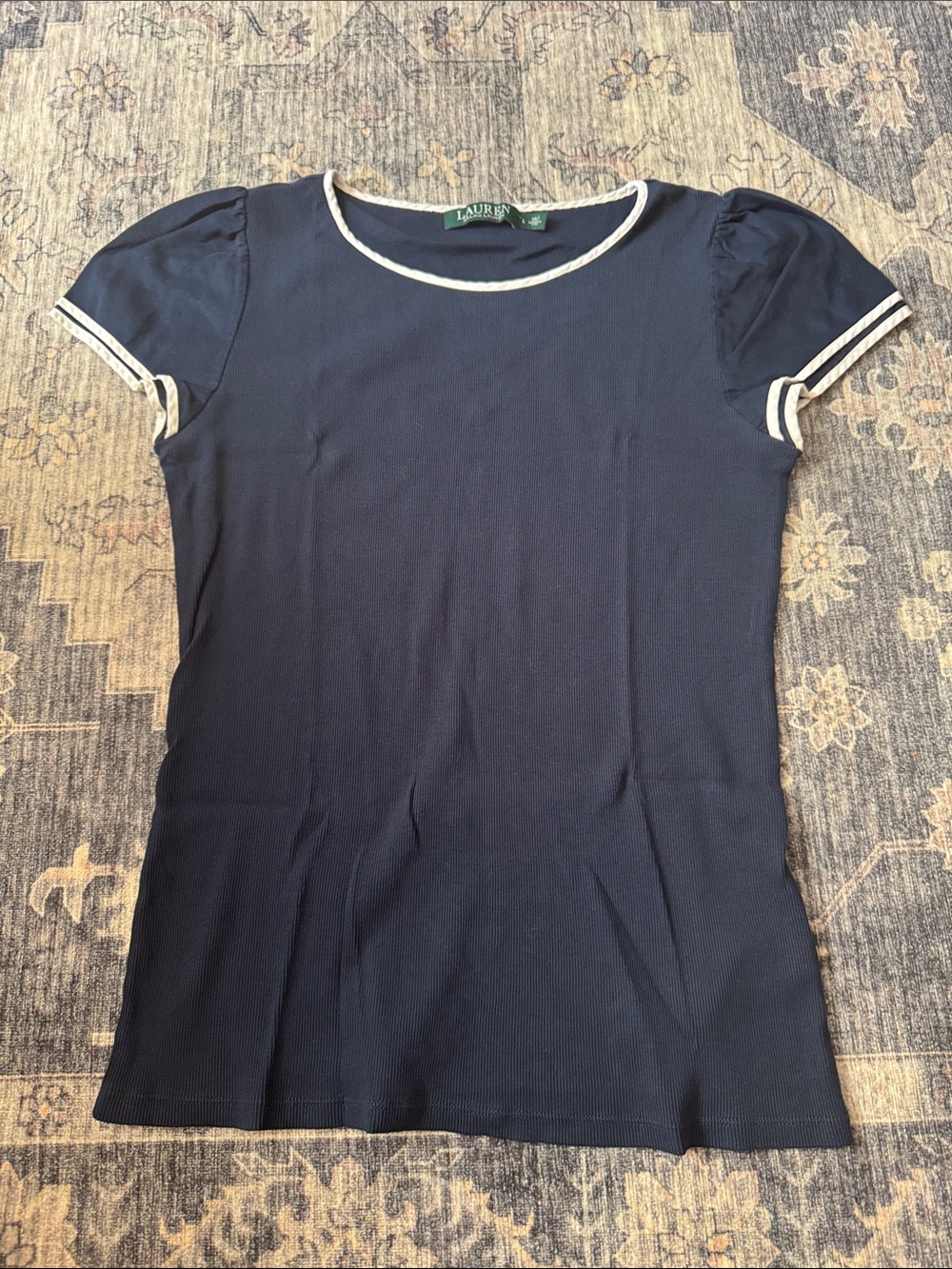 Ralph Lauren Navy Short Sleeve Scoop Neck Top with White Trim